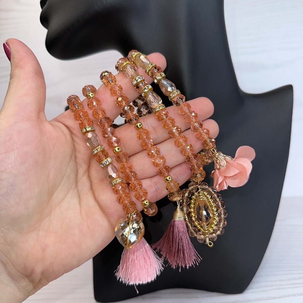 New handmade chezco crystal beaded‎ Pink and Gold charm Bracelet set of 5